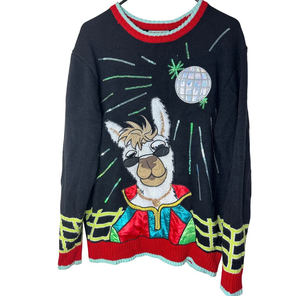 Holiday Hype Ugly Christmas Holiday Party Sweater, Llama in the Club, Large